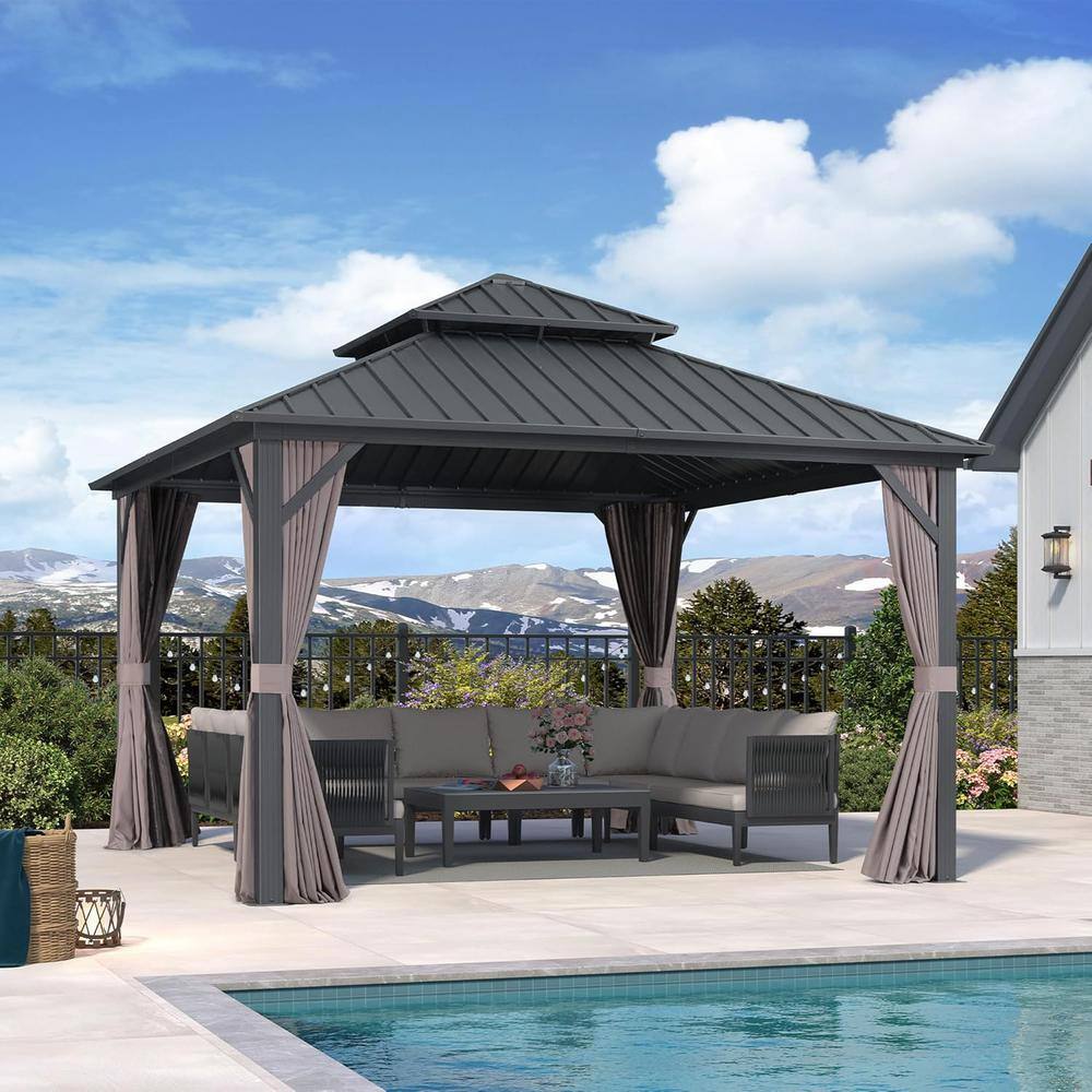 12 ft. x 12 ft. Gray Aluminum Hardtop Gazebo Canopy with Netting and Curtains price history on PriceWatchPro