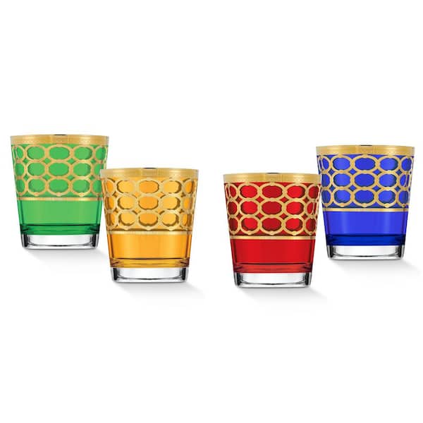 Lorren Home Trends 10 oz. Multicolor with Gold Rings Double Old Fashion Tumbler/Whiskey (Set of 4)