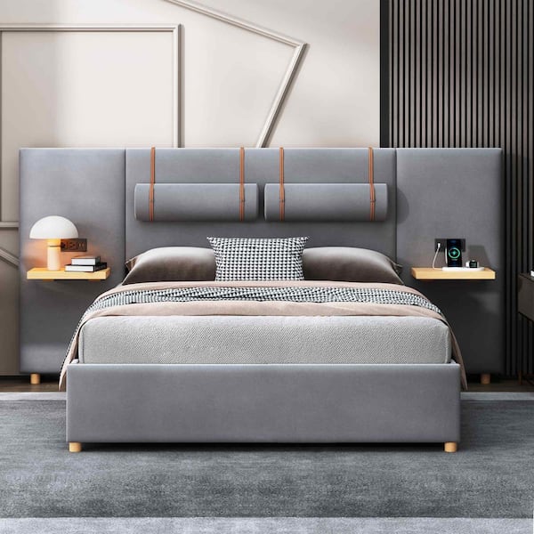 Gray Wood Frame Queen Upholstered Platform Bed with 2-Outlets and USB Charging Ports, 2-Bedside Pillows, Storage Shelves