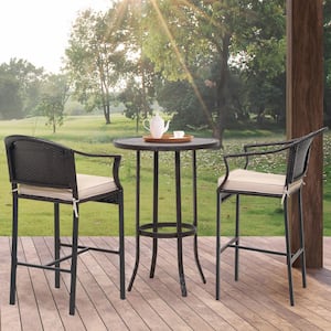 3-Piece Wicker Circular table 28 in. H Outdoor Bistro Set with Beige Cushions