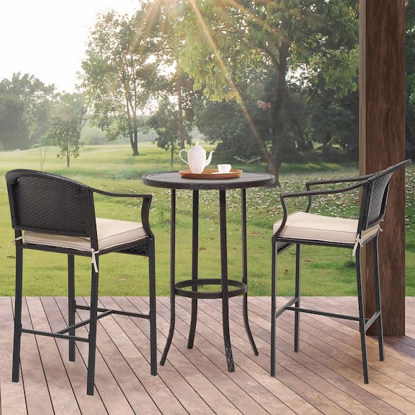 JUSKYS 3-Piece Wicker Circular table 28 in. H Outdoor Bistro Set with Beige Cushions