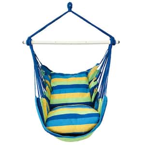 Hanging Rope Porch Swing with Steel Spreader Bar and Anti-Slip Rings, 2 Cushions Included, Blue Striped