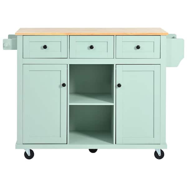 53 in. Mint Green MDF Kitchen Cart with Rubber Wood Drop-Leaf Countertop, 5 Wheels with Storage Cabinet and 3 Drawers