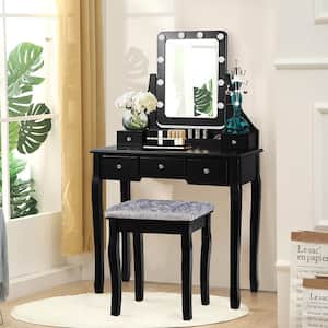 Black Vanity Dressing Table Set with 10-Dimmable Bulbs Touch Switch Cushion Stool