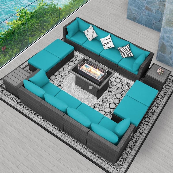 FINCATI Gray 15-Piece 12-Seats Wicker Patio Fire Pit Sofa Set with Teal Cushions Ottomans and Coffee Tables