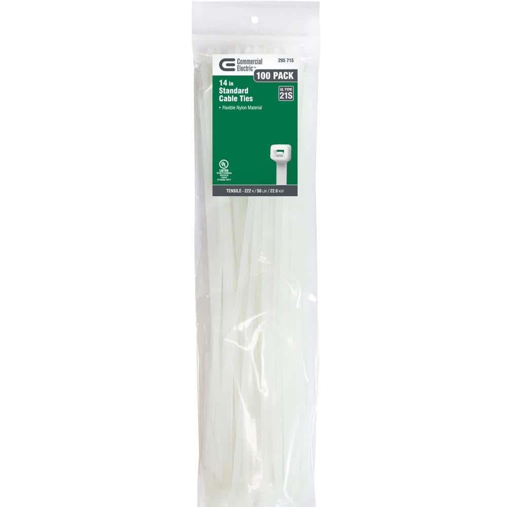 Commercial Electric 14in Standard 50lb Tensile Strength UL 21S Rated Cable Zip Ties 100 Pack Natural (White)