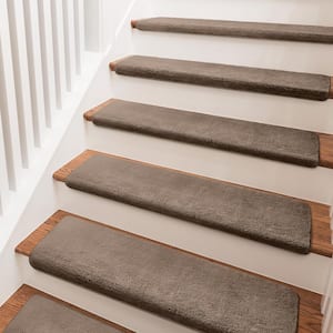 Soft Plush Brown 9.5 in. x 30 in. x 1.2 in. Bullnose Indoor Stair Tread Cover Tape Free Non-slip Carpet Set of 14