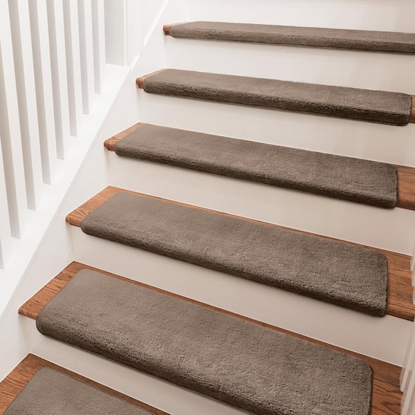 PURE ERA Soft Plush Brown 9.5 in. x 30 in. x 1.2 in. Bullnose Indoor Stair Tread Cover Tape Free Non-slip Carpet Set of 14