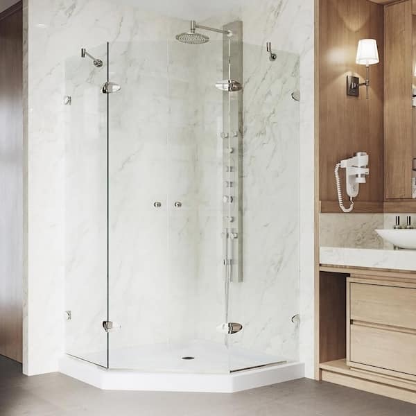VIGO Gemini 42 in. W x 77 in. H Neo Angle Pivot Frameless Corner Shower