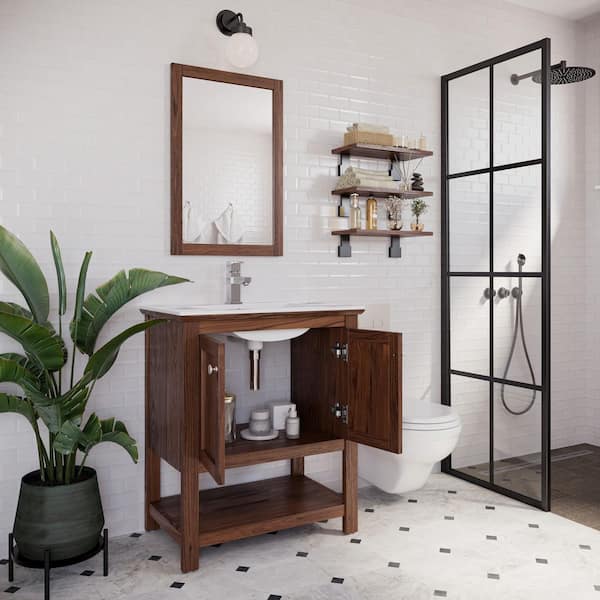 Manchester 30 in. Single Sink Shaker-Style Warm Walnut Bath Vanity with White Quartz Top and Integrated Sink