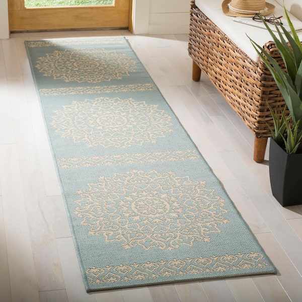 Linden Cream/Aqua 2 ft. x 8 ft. Medallion Border Indoor/Outdoor Runner Rug