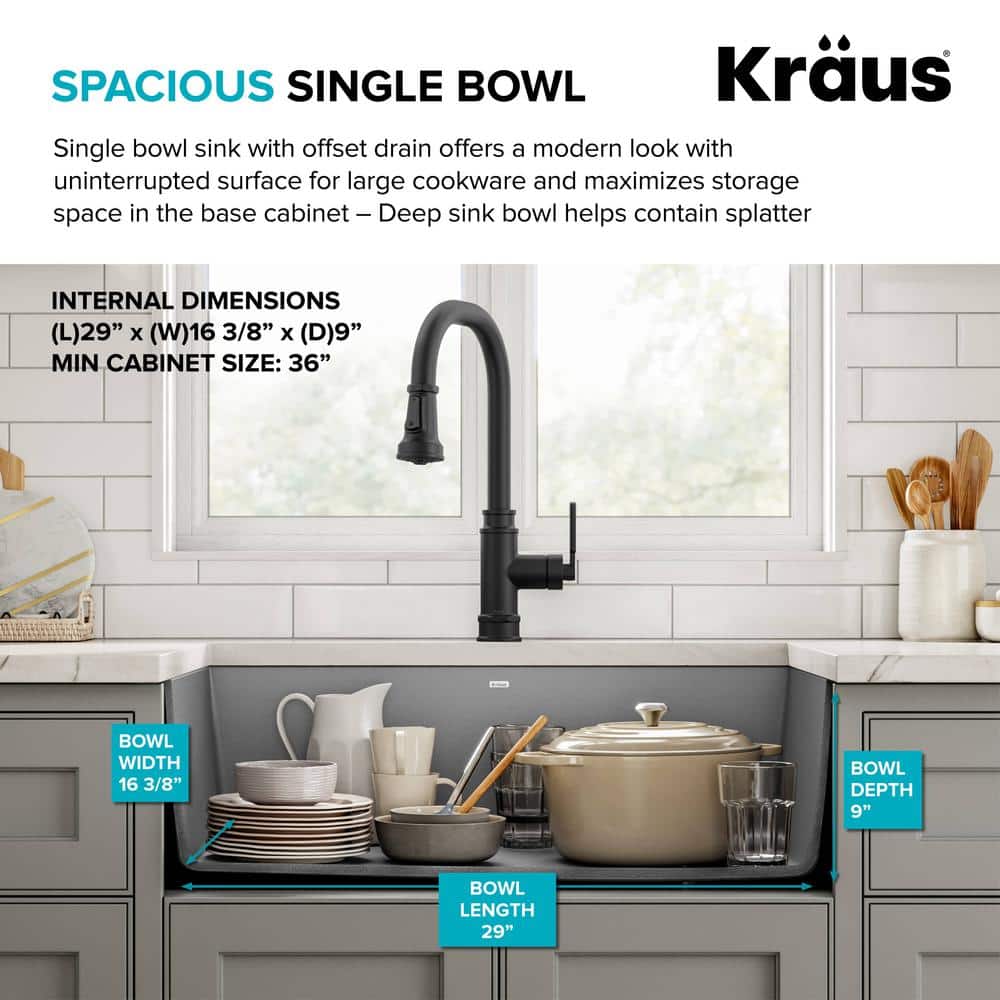 Gray 32-inch Undermount Single Bowl Granite Kitchen Sink