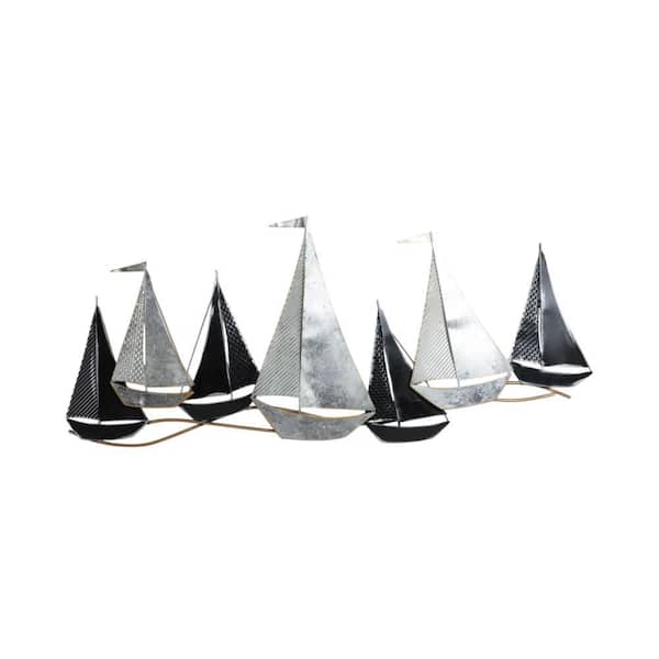 Liv & Skye 50 in. x 2 in. Silver Metal Layered Coastal Sailboats Metal Work