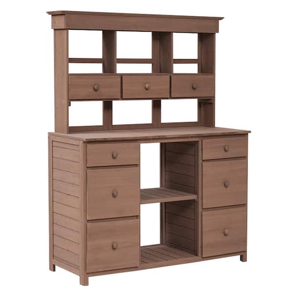 WELLFOR 50 in. W x 19.7 in. D x 65.7 in. H Brown Wood Potting Bench Table with Multiple Drawers and Shelves
