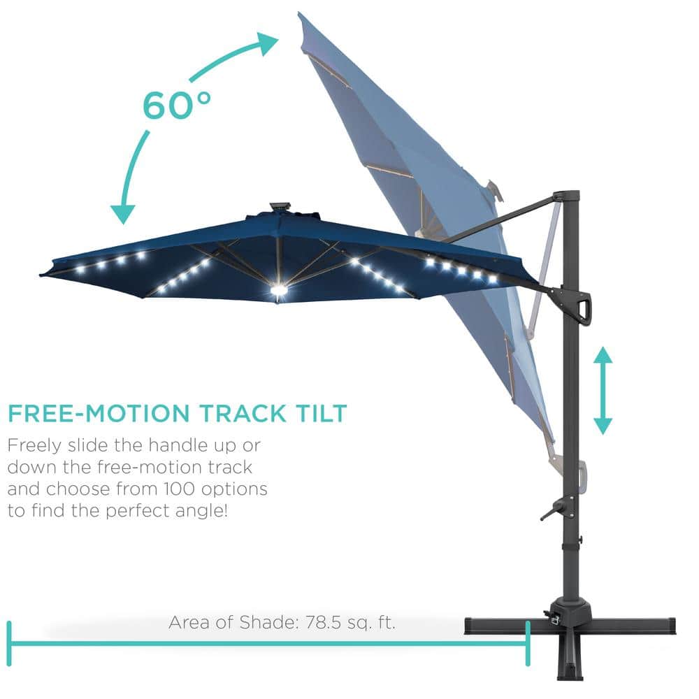 10ft Navy Blue Solar LED Cantilever Patio Umbrella with Cross Base