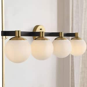 Modernist Globe 34 in. 4-Light Brass Gold/Black Metal Modern Contemporary LED Vanity Light with Frosted Glass