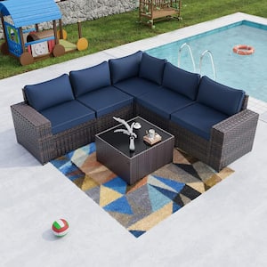 6-Piece Wicker Outdoor Sectional Set with Navy Cushion