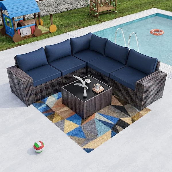 Halmuz 6-Piece Wicker Outdoor Sectional Set with Navy Cushion