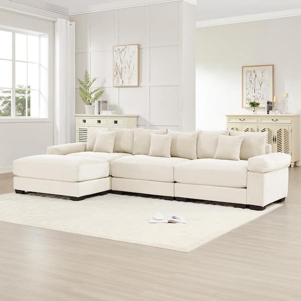 ZJBCDL 59.4 in. Straight Arm 5-Piece Corduroy Modular Sectional Sofa with Ottoman & Ergonomic Design in Creamy Beige