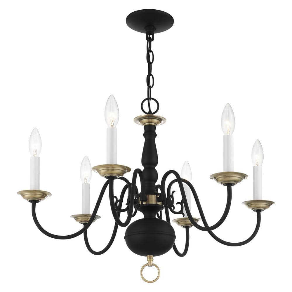 Elegant Colonial Black and Antique Brass 6-Light Crystal Chandelier