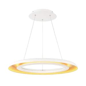 Omega 28 in. 290-Watt Equivalent Integrated LED White Gold Ribbed Pendant with Shade