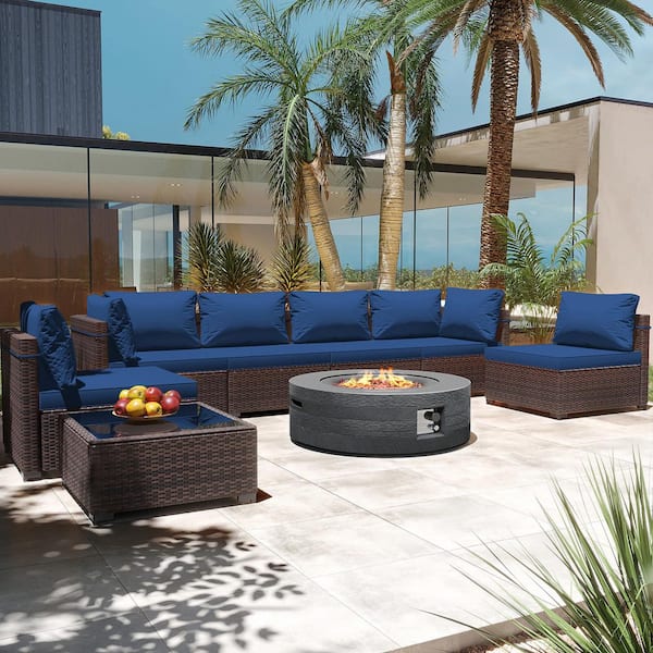 PATIO WATCHER 8-Piece Wicker Patio Conversation Set with Cushions and 42 in. Outdoor Round Fire Pit Table, Navy Blue Cushions