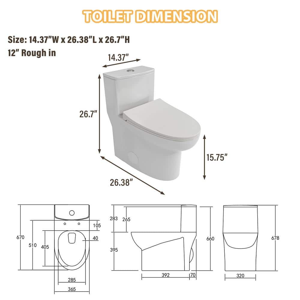 White Ceramic One-Piece Elongated Dual Flush Toilet