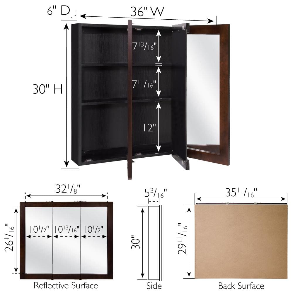 Ventura 36-Inch Espresso Wood Tri-View Medicine Cabinet