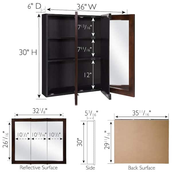 Ventura 36 in. W x 30 in. H x 6 in. D Framed Tri-View Surface-Mount Bathroom Medicine Cabinet in Espresso