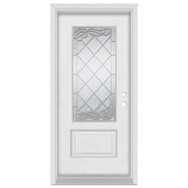 Stanley Doors 32 in. x 80 in. rt Deco LeftHand Inswing 3/4 Lite Decorative Brass Finished Fiberglass Oak Woodgrain Prehung FrontDoor