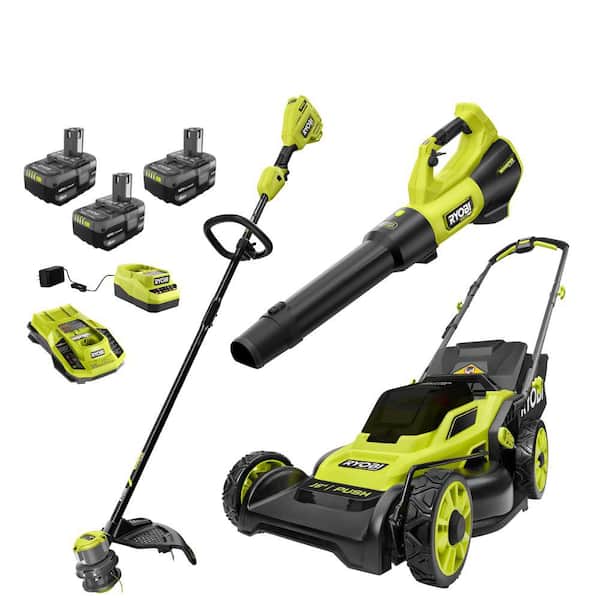 RYOBI ONE+ HP 18V Brushless 16 in. Cordless Battery Push Lawn Mower, String Trimmer & Blower w/(3) Batteries & (2) Chargers
