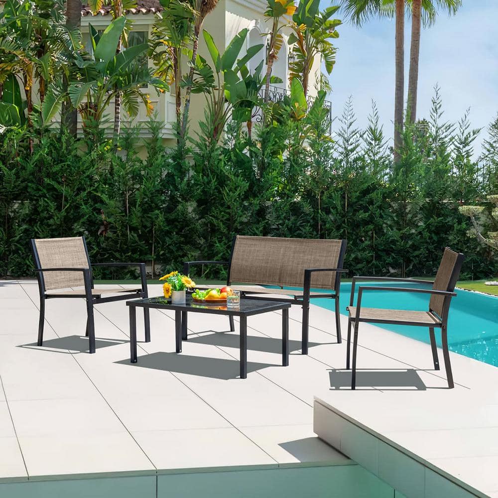 Brown 4-Piece Metal Patio Conversation Seating Set with Glass Coffee Table