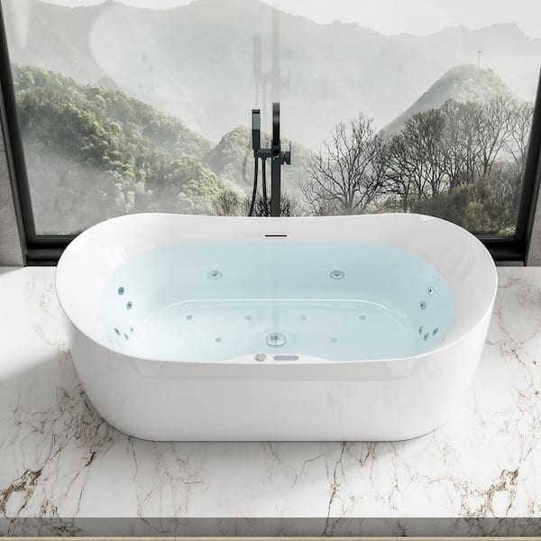 72 in. x 33.5 in. Freestanding Air Bubble Massage and Whirlpool Bathtub with Heater with Chrome Center Drain in White