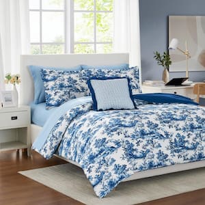 8-Piece Shaya Toile Bed in a Bag Reversible Microfiber Blue Comforter Set, Twin