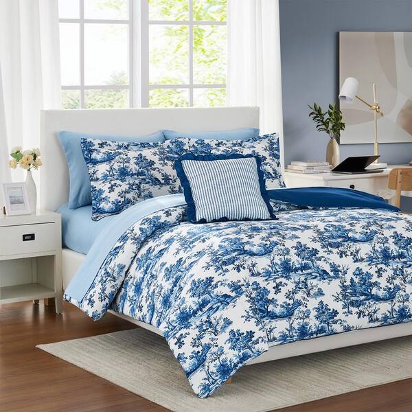 Modern Threads 8-Piece Shaya Toile Bed in a Bag Reversible Microfiber Blue Comforter Set, Twin