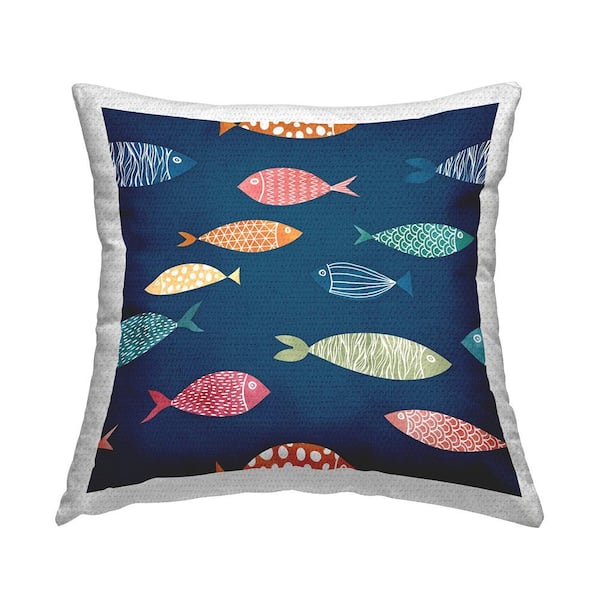 Stupell Industries Blue Mixed Fish Shapes Various Patterns Blue Square Outdoor Throw Pillow