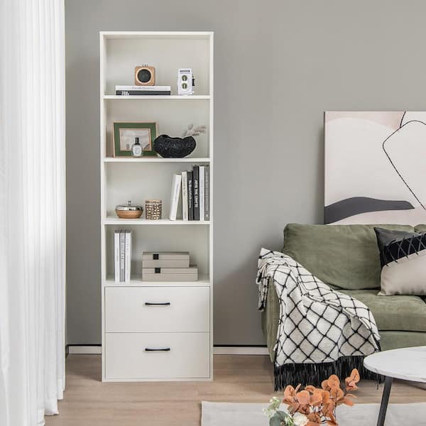 74 in. Wide White 6-Tier Tall Bookshelf Freestanding Modern Bookcase Black Storage Cabinet