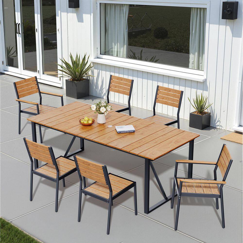 7-Piece Aluminum Furniture Set Rectangular Patio Outdoor Dining Set in Brown with Umbrella Hole Stackable Dining Chairs