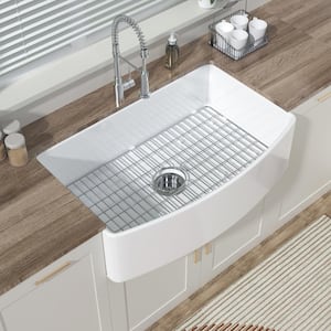 Farmhouse Sink 33 in. Apron Front Curved Single Bowl White Fireclay Kitchen Sink with Bottom Grid and Sink Strainer