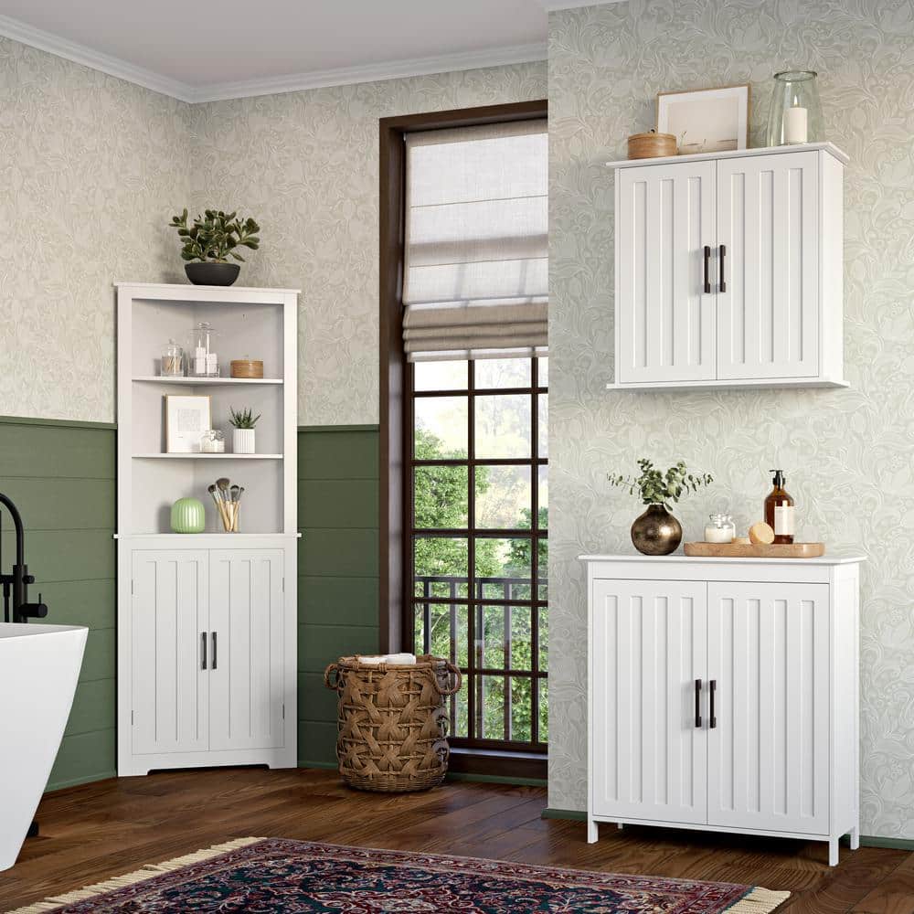 White MDF Storage Cabinet with Adjustable Shelves and Black Handles