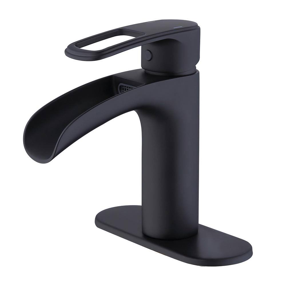 Single Hole Single-Handle Bathroom Faucet with Waterfall in Matte Black