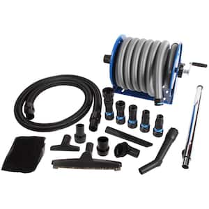 Stainless Steel Hose Reel and Mounted 30 Ft. Dust Collection Hose with Multi-Brand Power Tool Adapters for Wet/Dry Vacs