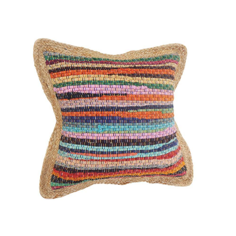 Multicolor Chindi Cotton and Jute Border 20" Square Throw Pillow