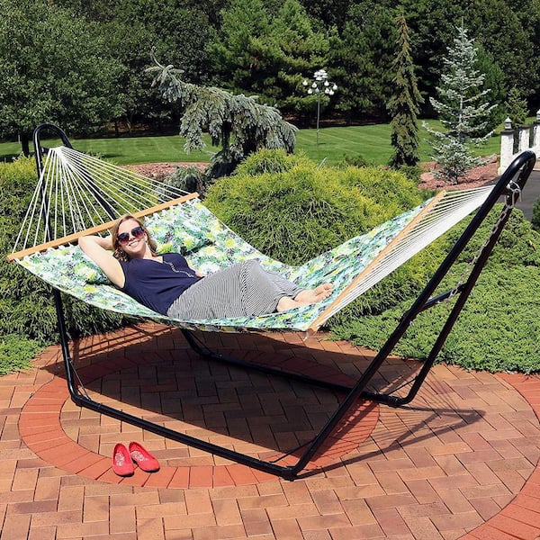 11 2-Person Quilted Printed Fabric Spreader Bar Hammock and