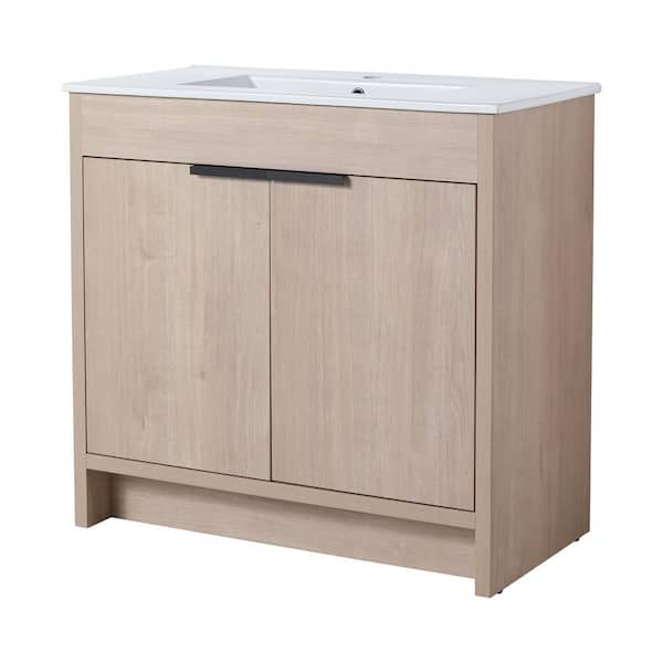 Unbranded 35.7 in. W x 18.5 in. D x 34.1 in. H Freestanding Bath Vanity in Plain Light Oak with White Ceramic Sink Top