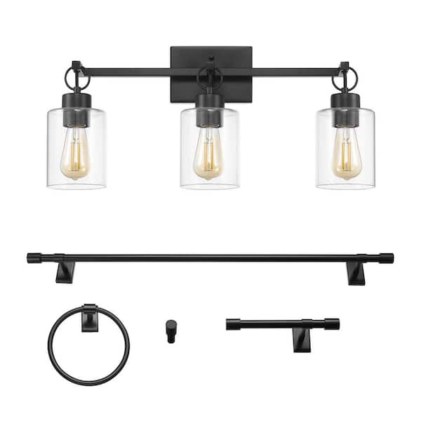 Globe Electric Woods 24 in. 3-Light Matte Black Vanity Light 5-Piece All-In-One with Bathroom Accessory Set