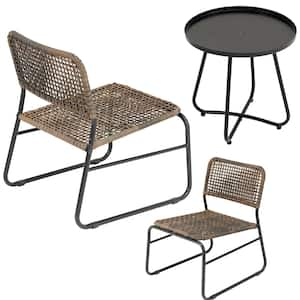 3-Piece Mixture Pattern PE Rattan and Steel Frame Patio Furniture Set with Round Table, Brown and Black