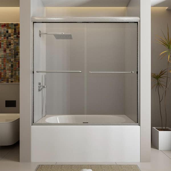 Ridge 56 in. W x 60 in. H Sliding Semi-Frameless Tub Door in Brushed Nickel Finish with Clear Glass
