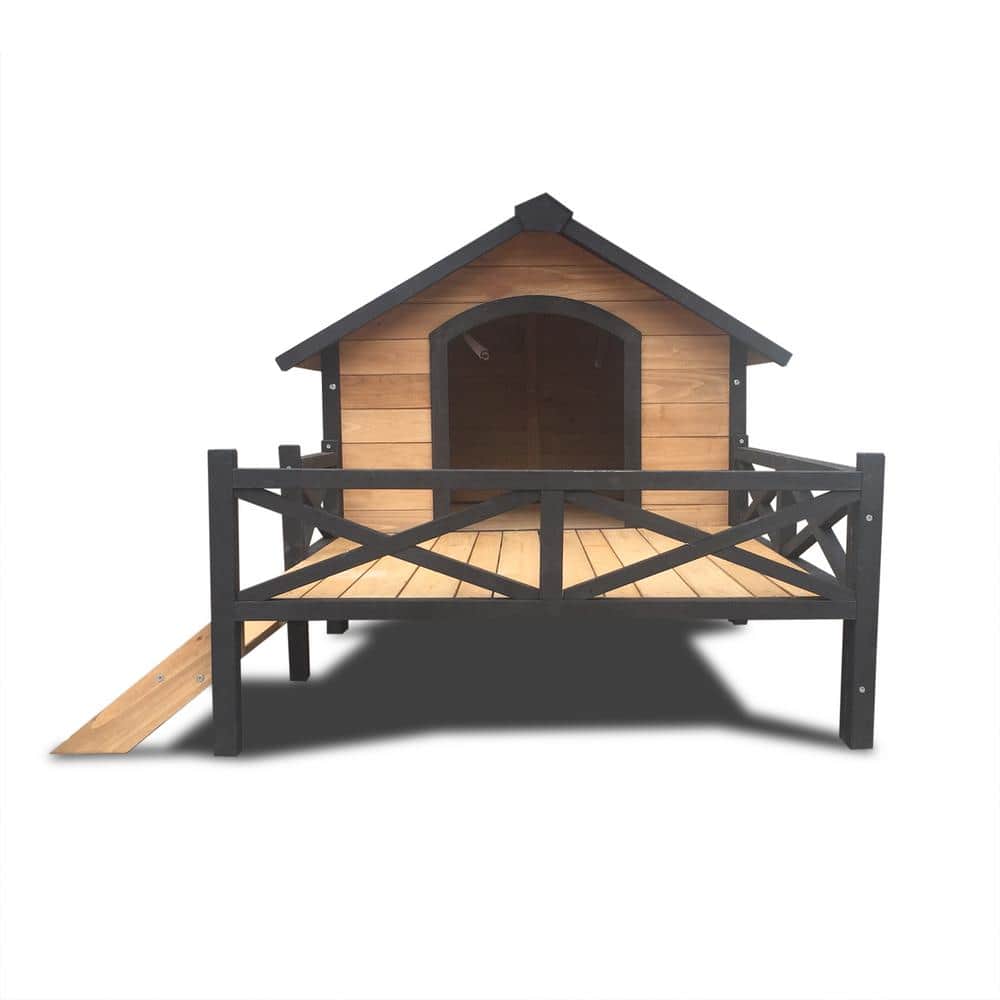 Large Yellow Brown Wooden Cabin Dog House with Porch