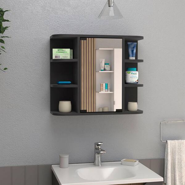 Aoibox 24 in. W x 20 in. H Rectangular Wood Medicine Cabinet with Mirror, 6 External Shelves,3 Internal Shelves in Black Wengue